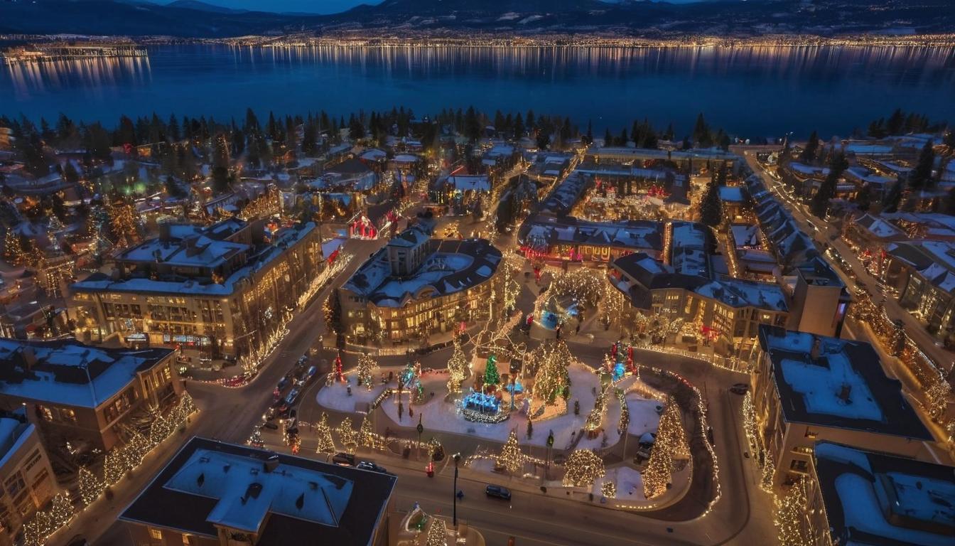 Aerial view of Building with christmas lights