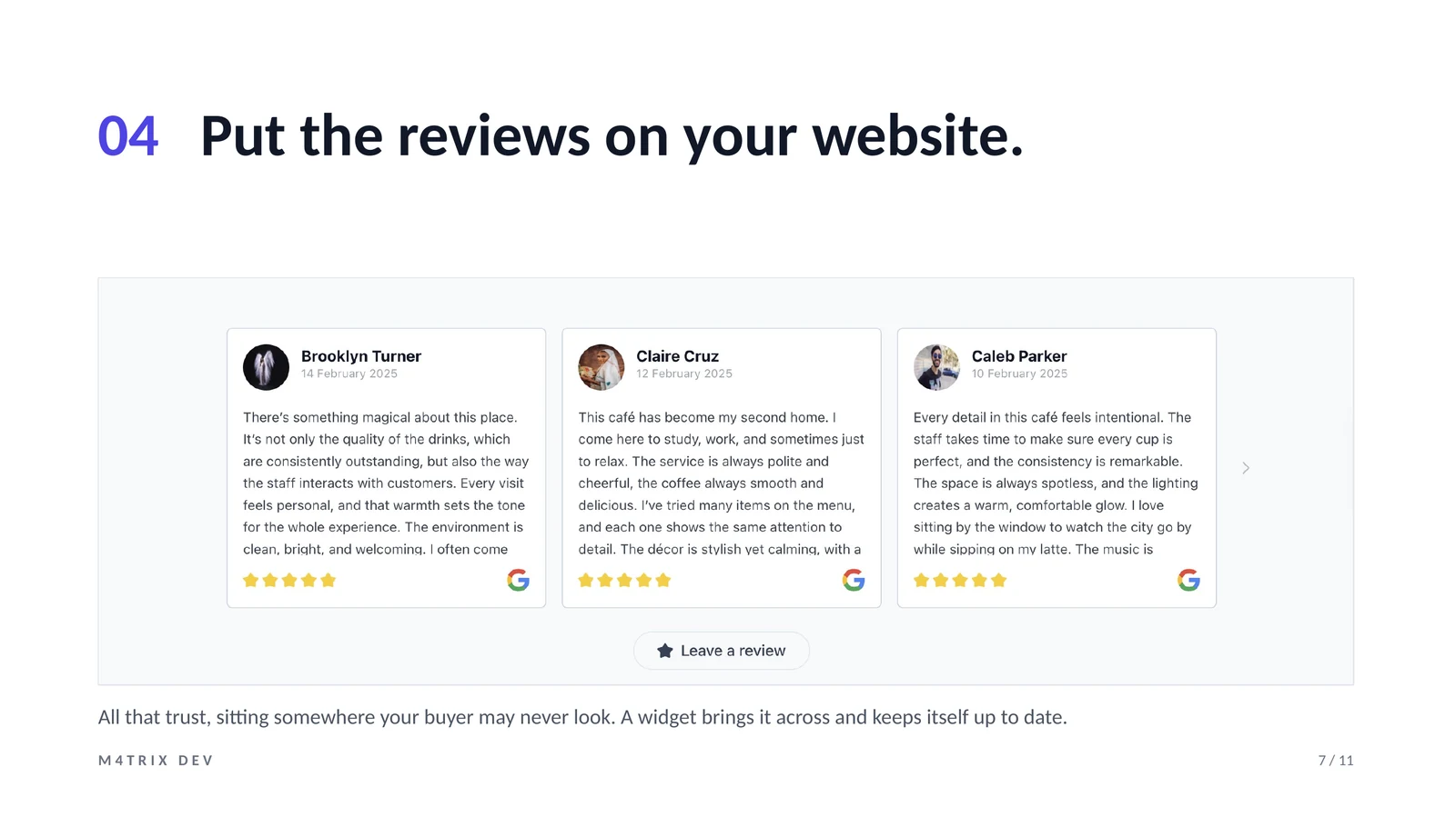 Review widget on a website showing three Google reviews side by side with a leave a review button