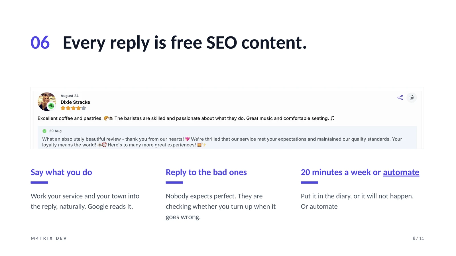 A Google review with the business reply underneath it