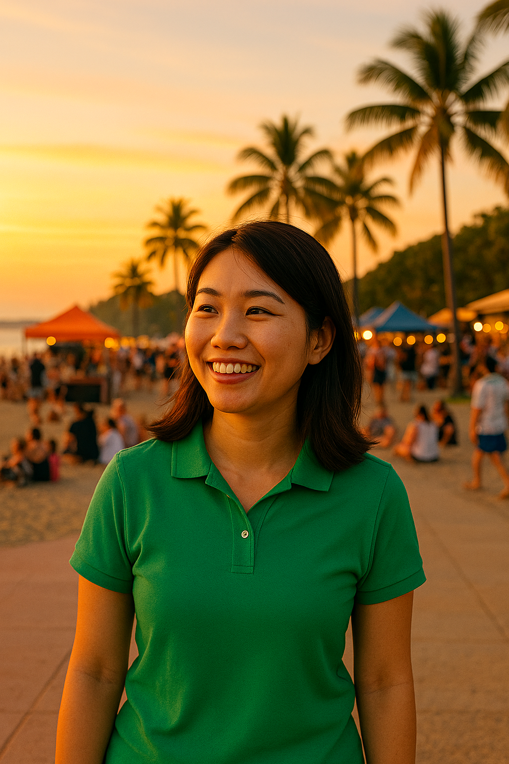 Smiling Asian female tourist enjoying Mindil Beach Sunset Markets in Darwin after using Luggage Locker Darwin to store her bags. Vibrant sunset, palm trees, and food stalls in the background highlight a relaxed, bag-free experience.
