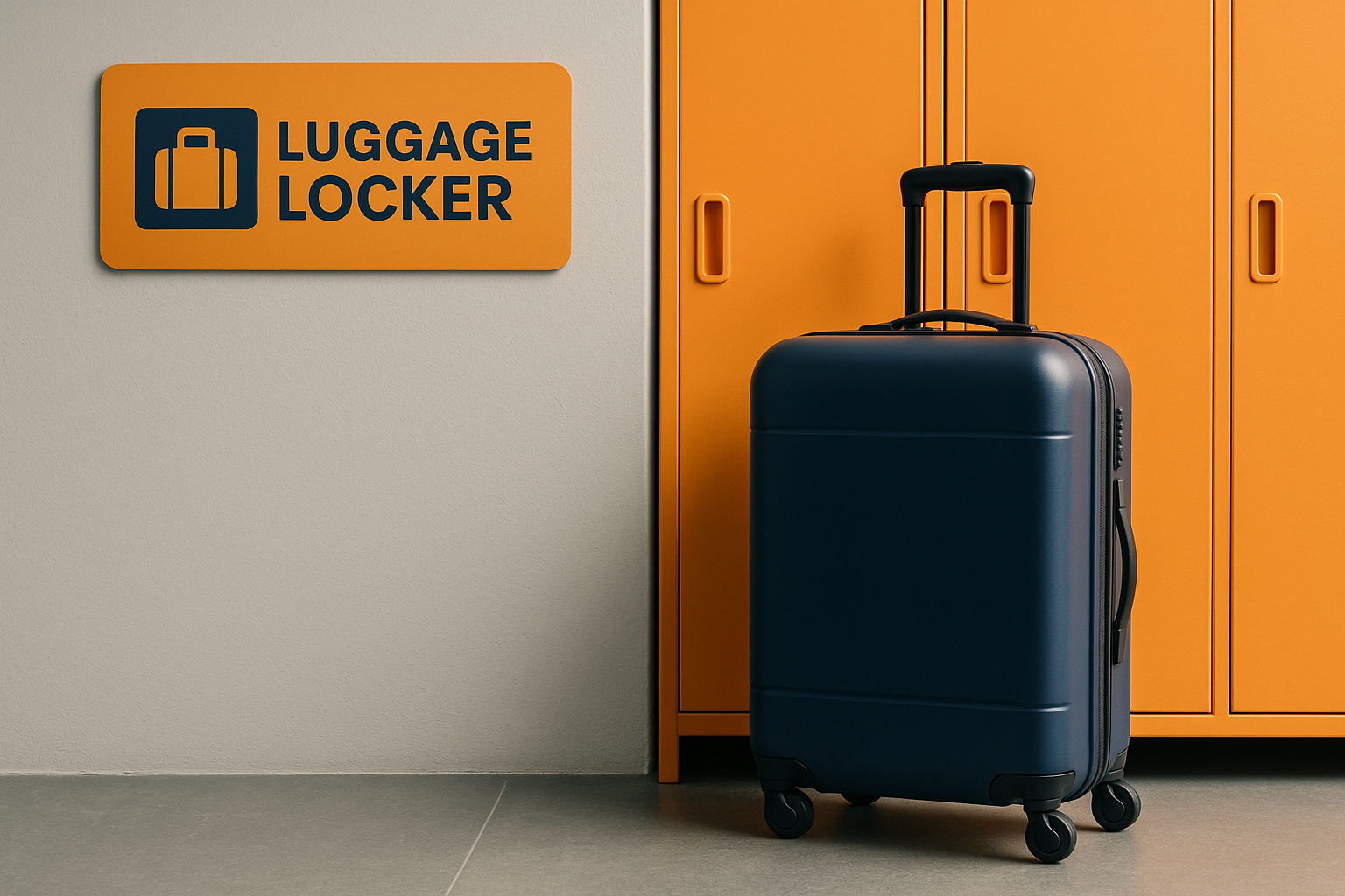 Realistic image showing a navy blue suitcase with extended handle positioned in front of bright orange lockers. A wall-mounted orange sign reads 'Luggage Locker,' depicting a secure bag storage service in a clean, modern environment.
