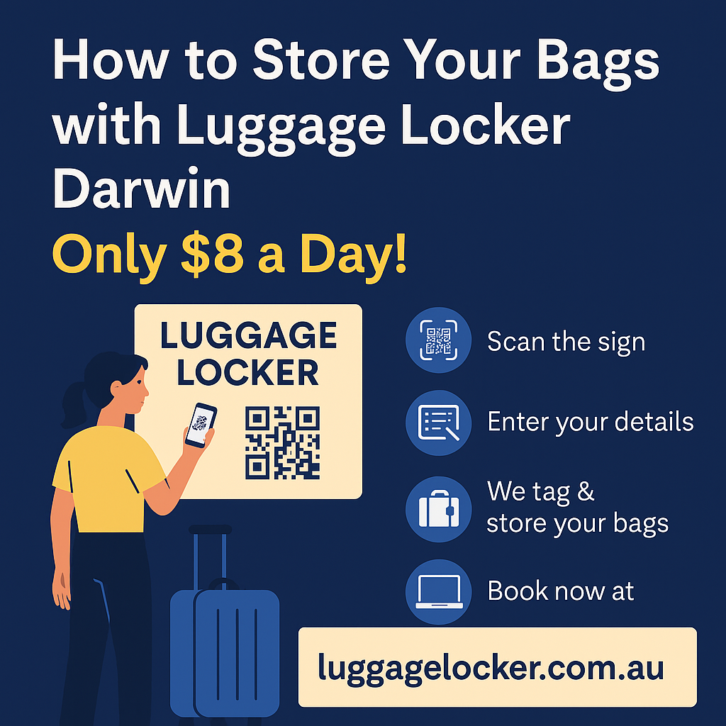 Illustration of a woman storing luggage at Luggage Locker Darwin with step-by-step instructions and $8/day price highlighted.