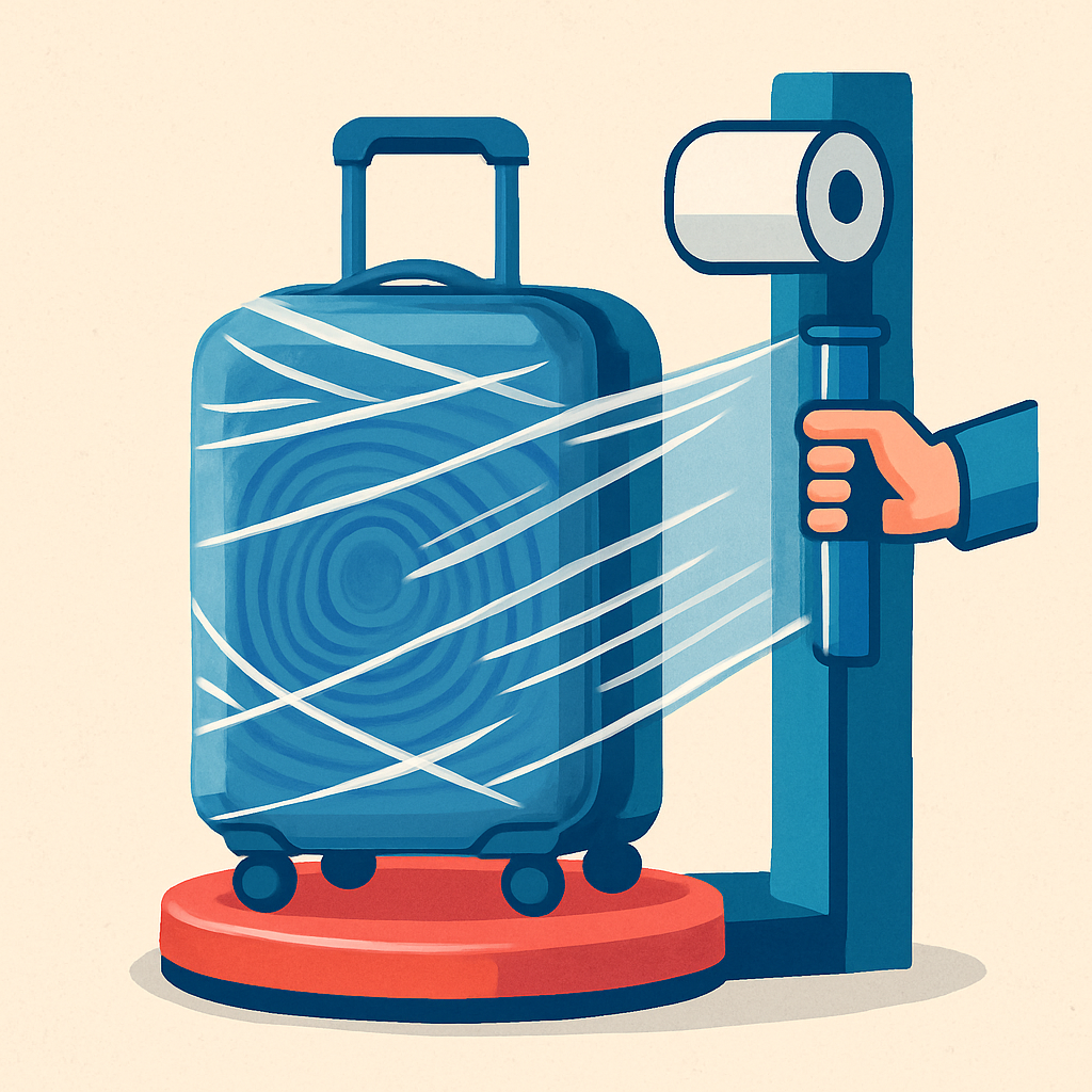 A blue suitcase being professionally wrapped in clear plastic film using a wrapping machine, demonstrating secure luggage protection at Luggage Locker Darwin.