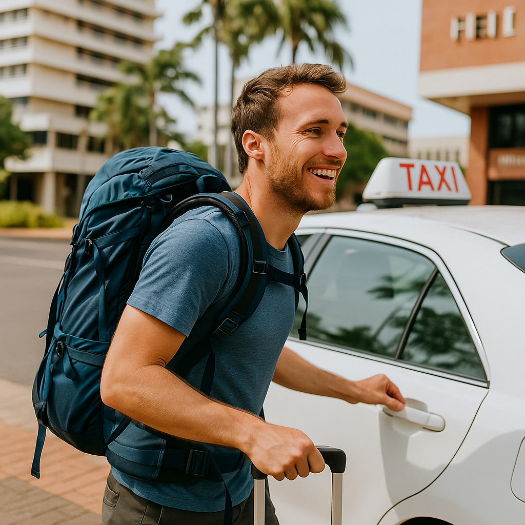 Square photograph of a smiling young male backpacker opening the door of a white taxi on a sunny city street in Darwin. He wears a blue t-shirt and large hiking backpack, appearing relaxed and happy after dropping off his luggage