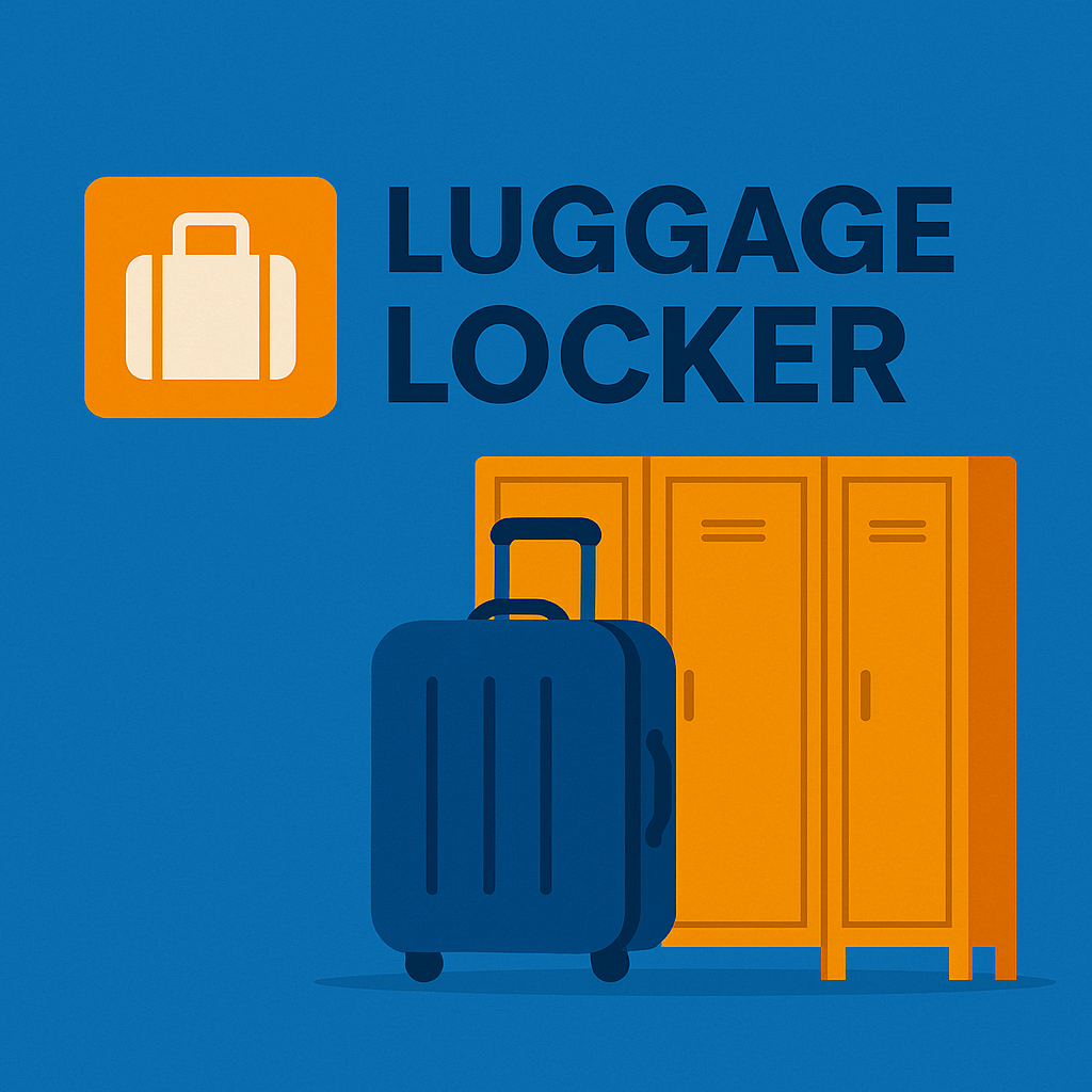 Square digital illustration showing a blue suitcase and orange lockers representing luggage storage. The background is blue, with the Luggage Locker logo and text in matching blue and orange tones, visually depicting a secure bag drop service.