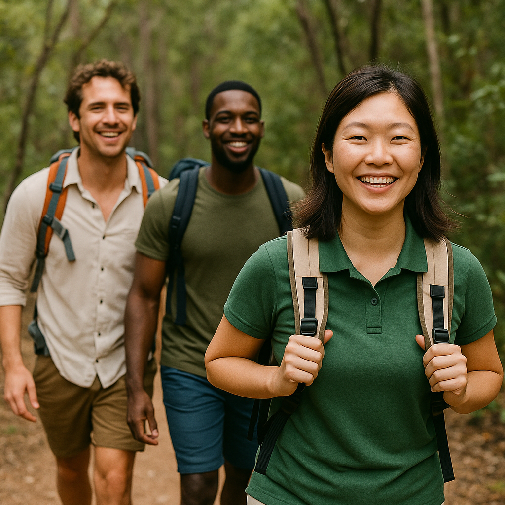 Group of three happy hikers on a forest trail in Litchfield National Park, smiling and carefree with daypacks, knowing their suitcases are securely stored at Luggage Locker Darwin.