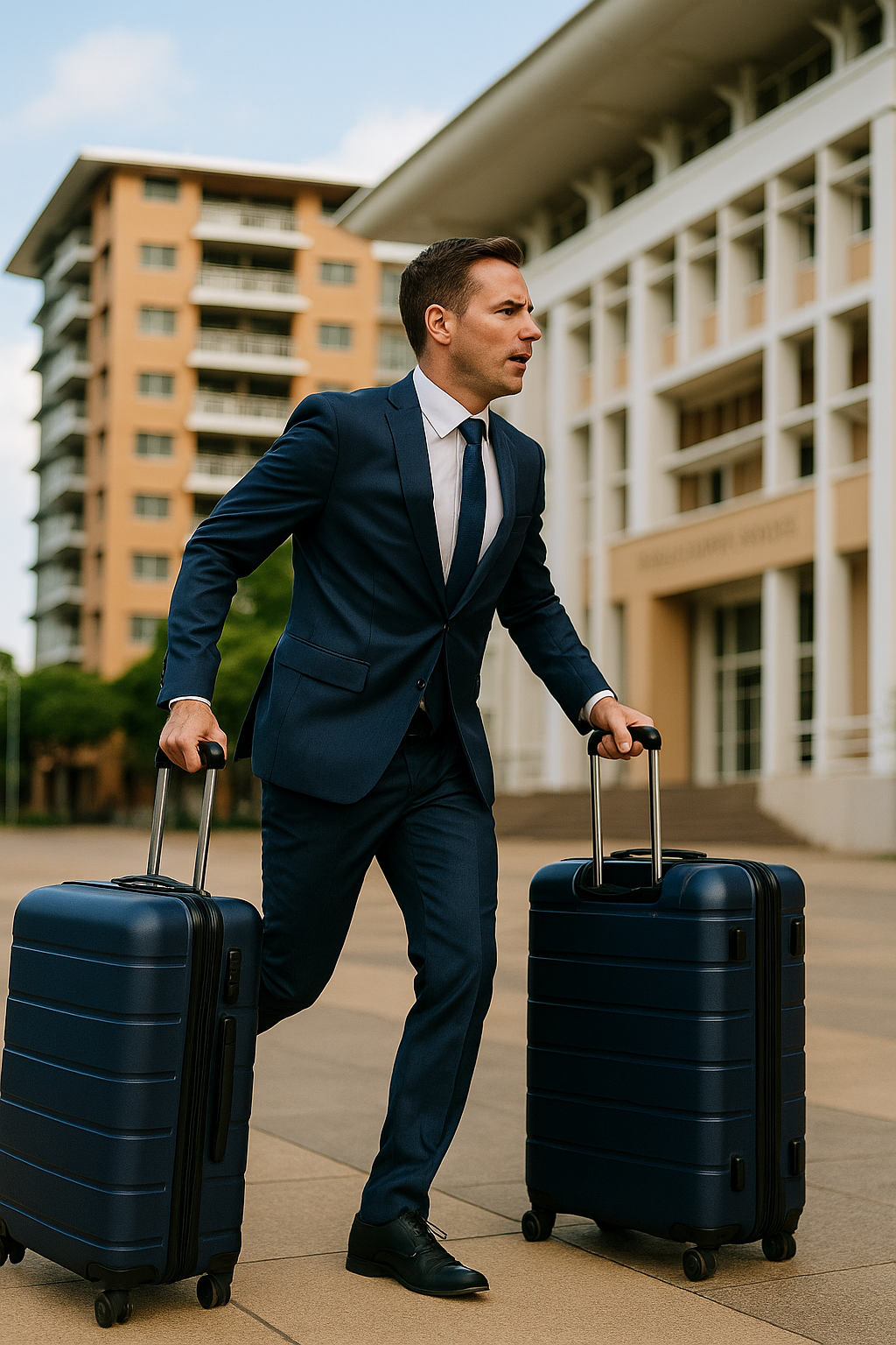 Photograph of a businessman in a navy suit rushing across a paved plaza in Darwin, pulling two large dark blue suitcases. The background features modern office buildings, including the identifiable 'Parliament House' sign, suggesting a busy professional setting.
