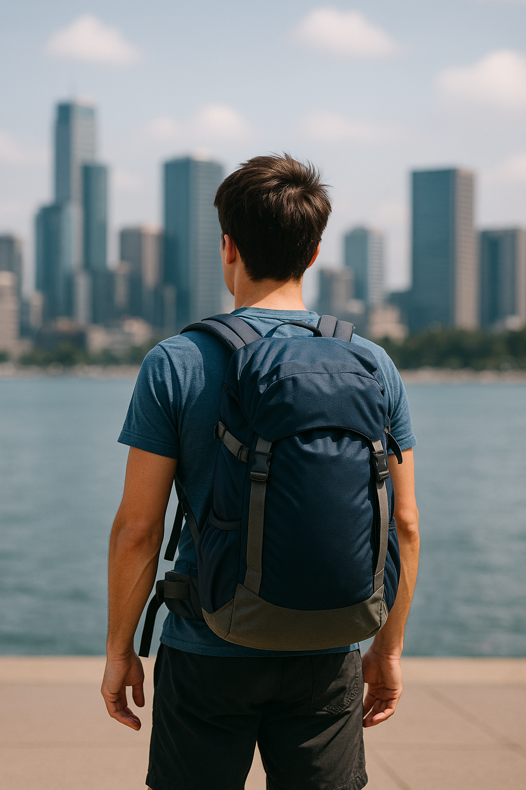 Portrait photograph of a young male backpacker standing by a waterfront, facing a modern city skyline. He is wearing a blue t-shirt and a large navy hiking backpack, suggesting travel or sightseeing in an urban destination.