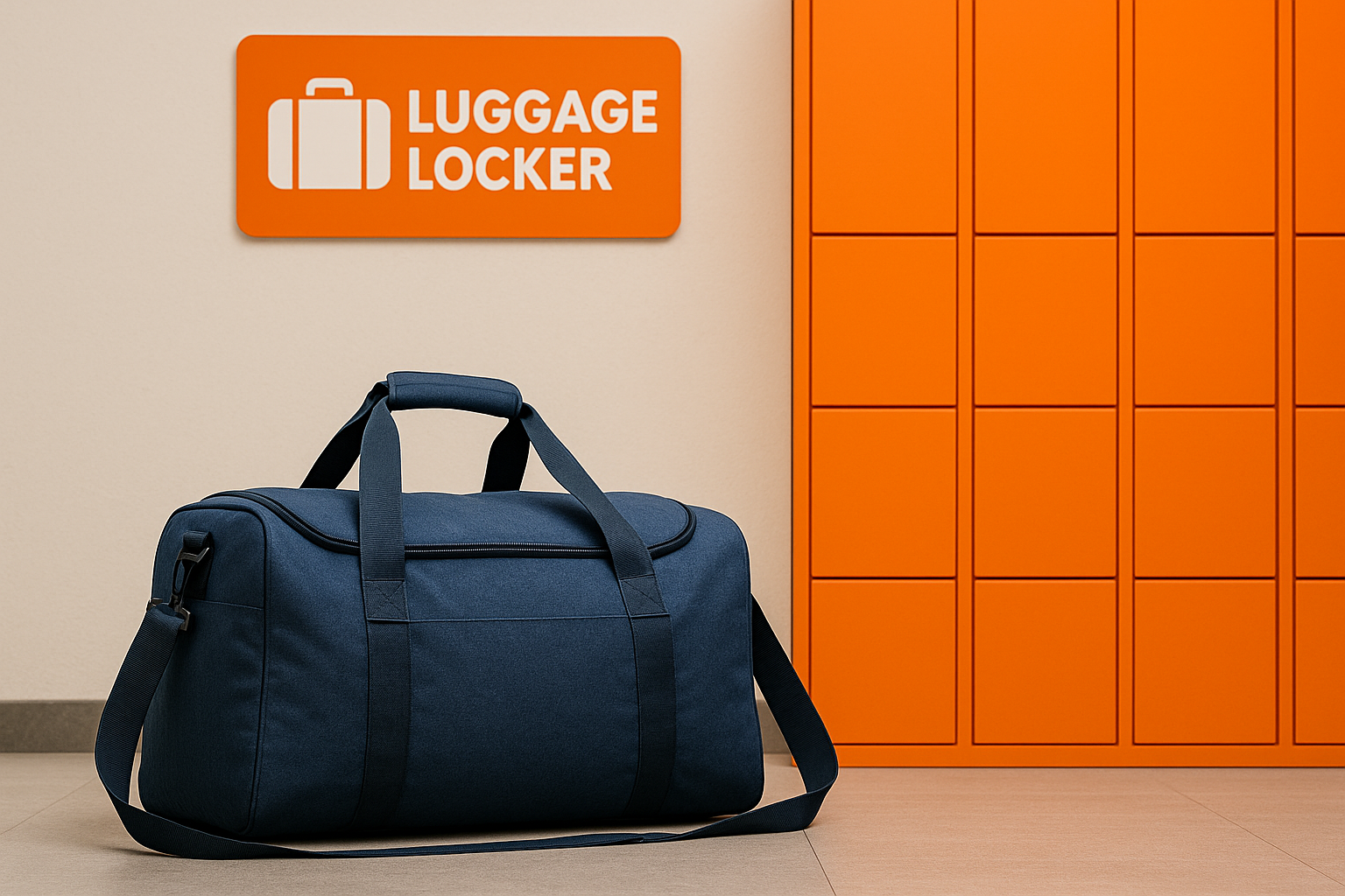 Photograph of a navy blue duffel bag placed on a tiled floor in front of bright orange lockers. An orange wall sign above the bag displays the 'Luggage Locker' logo, representing a secure luggage storage service in a modern indoor setting.