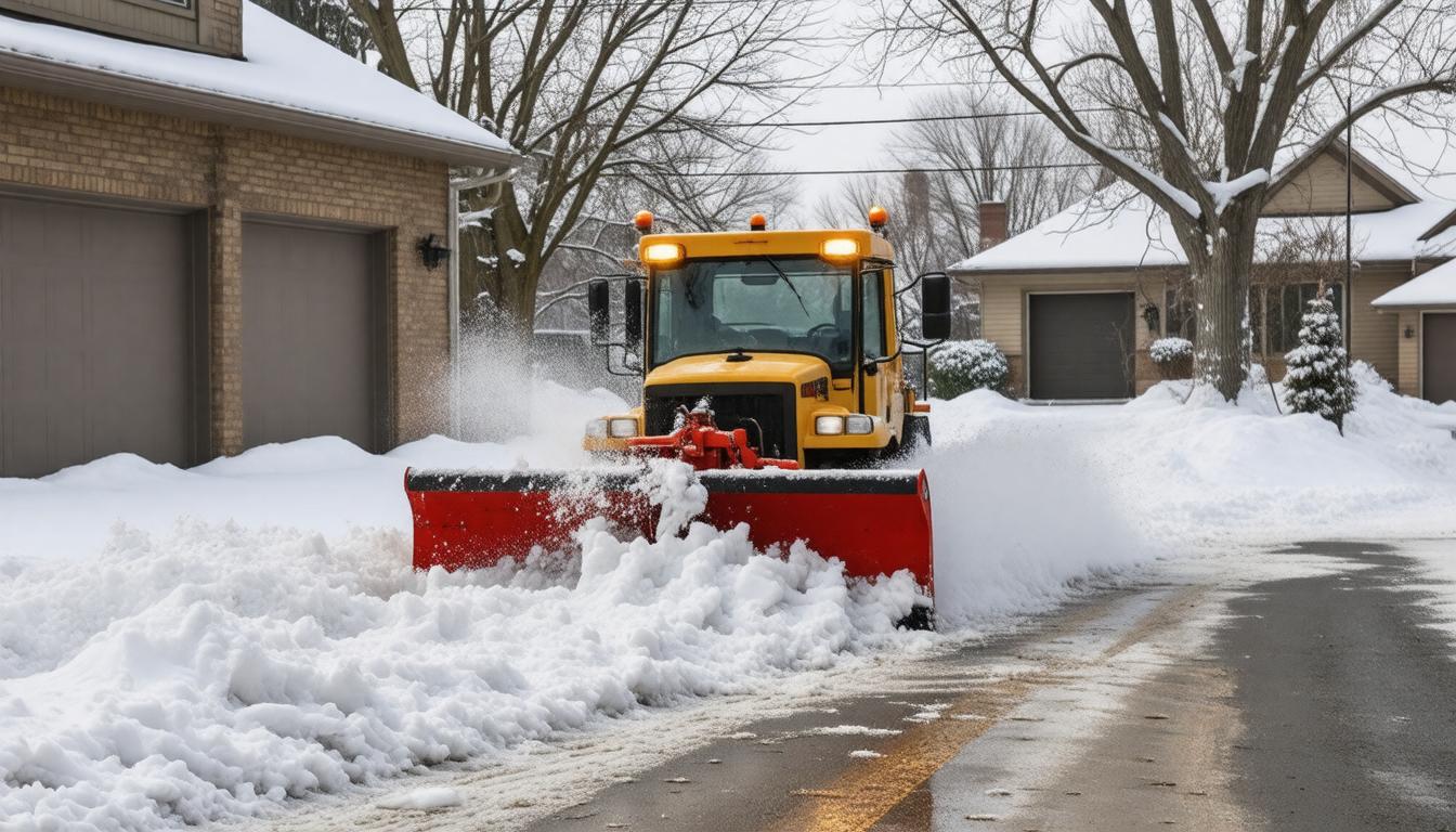 A snow plow clears snow from a residential street, ensuring safe passage for vehicles and pedestrians during winter weather.