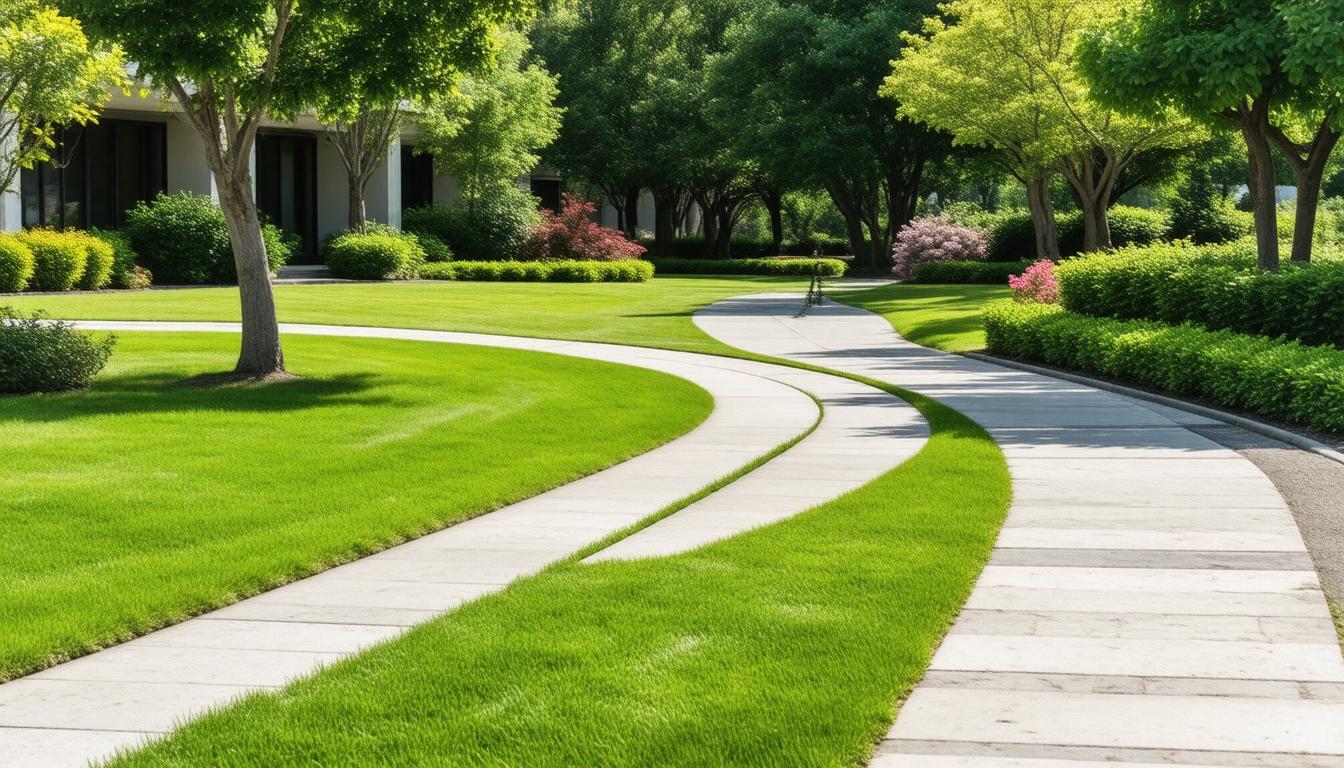 A serene walkway bordered by lush green grass, trees, and shrubs, inviting a peaceful stroll through nature.