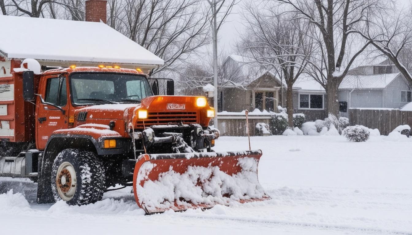 A snow plow clears snow from a street in front of a residential house on a winter day.