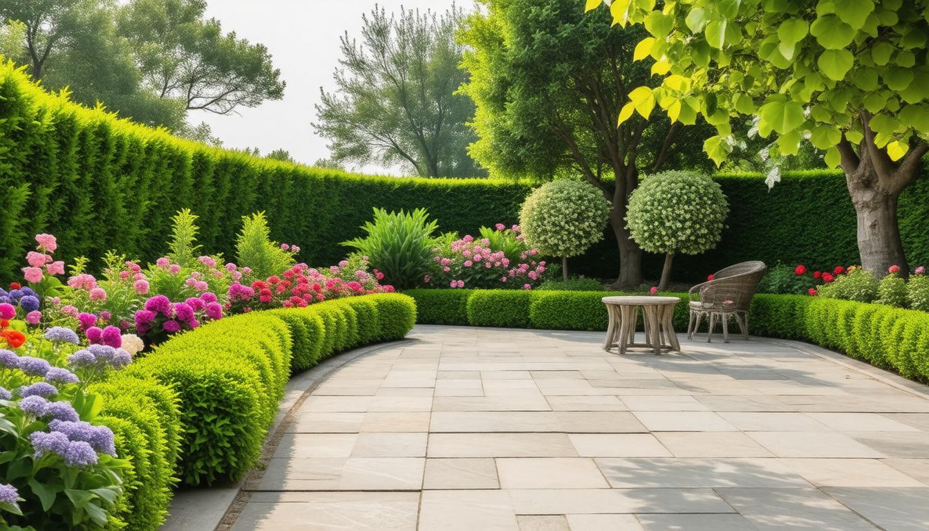 A serene garden featuring a stone path surrounded by a diverse array of colorful flowers in full bloom.