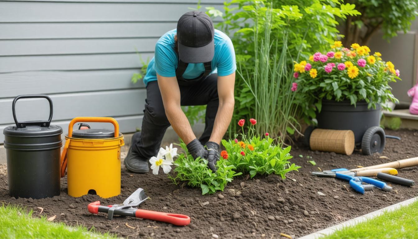 A man using gardening tools to tend to plants in a garden, surrounded by greenery and soil.