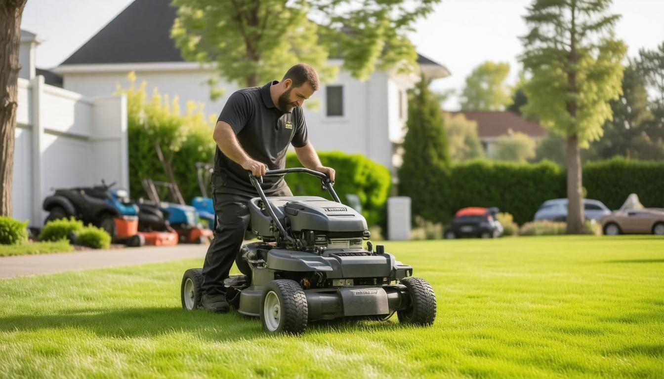 A man using a lawn mower to cut grass in a well-maintained yard on a sunny day.