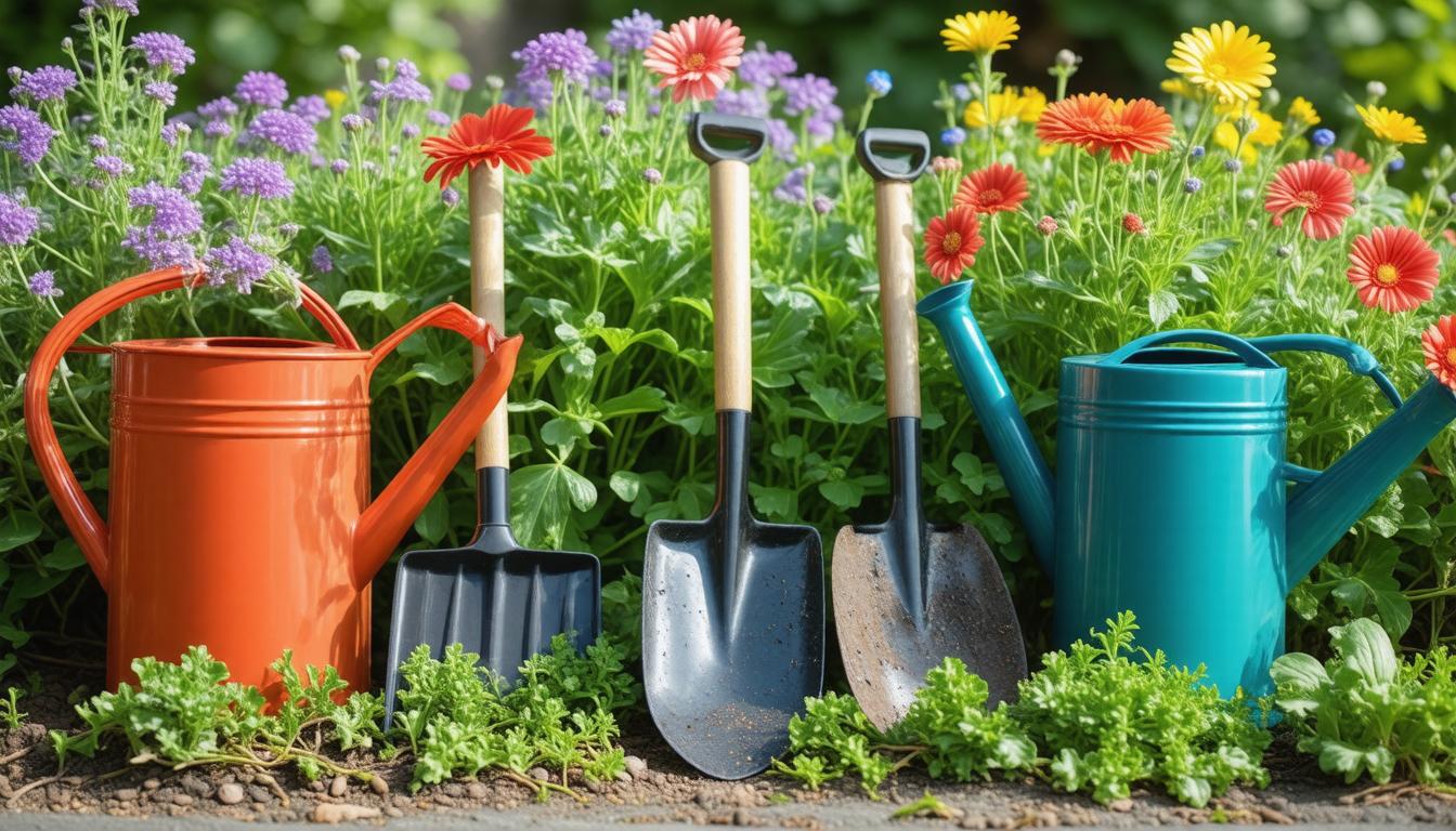 Gardening tools arranged among vibrant flowers in a lush garden setting, showcasing a colorful and inviting outdoor space.