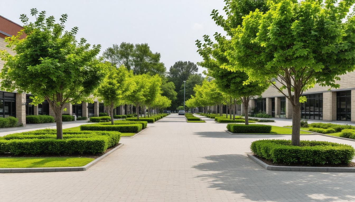 A large building surrounded by green grass and trees, showcasing a serene outdoor environment.