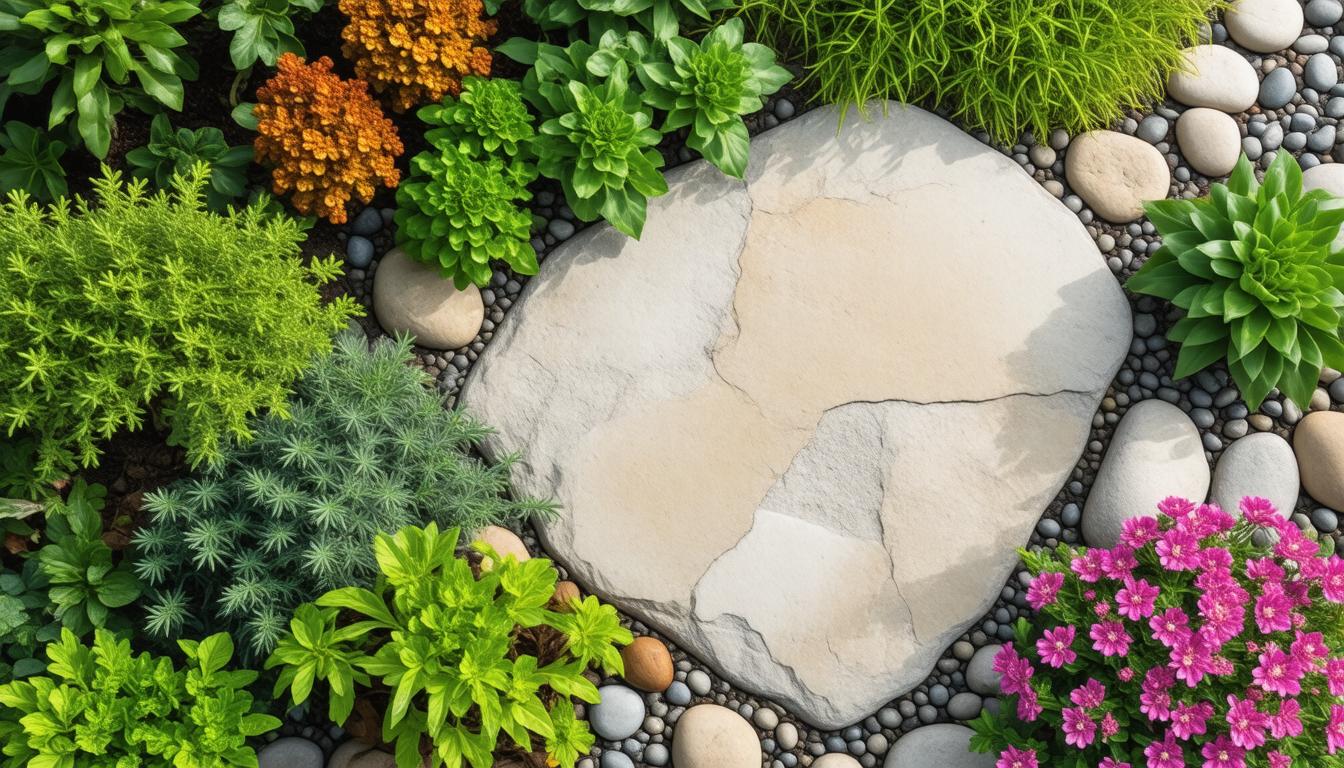 A stone path meanders through a vibrant garden filled with colorful flowers and scattered rocks.