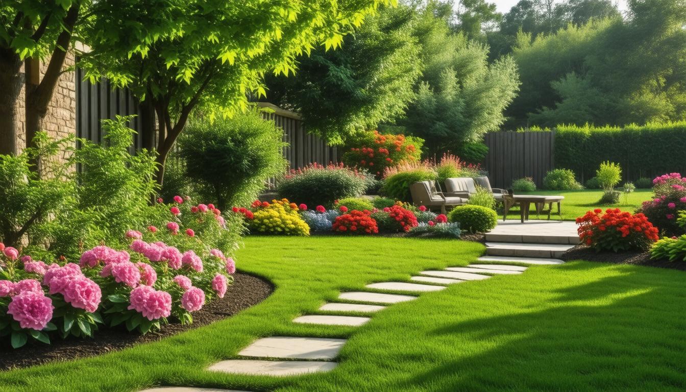 A picturesque garden featuring a stone path surrounded by vibrant flowers in full bloom.