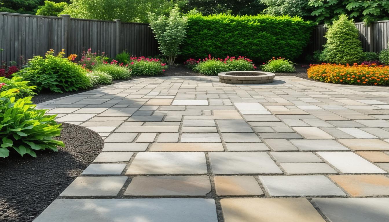 A backyard featuring a stone patio surrounded by well-maintained landscaping and greenery.