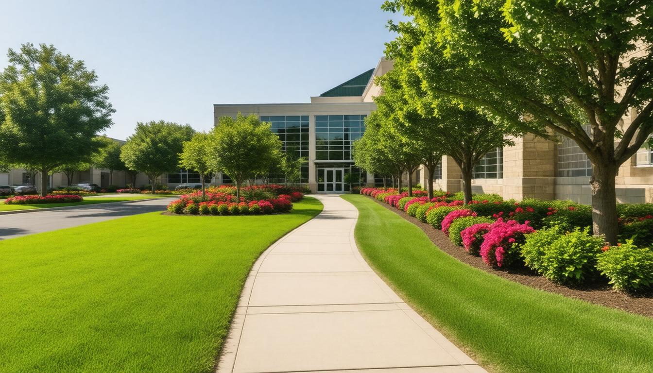 A pathway lined with flowers and shrubs leads to a building, creating a welcoming entrance.