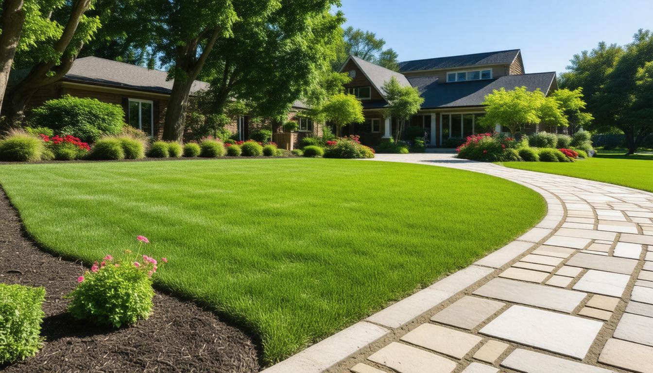 A well-maintained lawn featuring a stone walkway and vibrant landscaping elements.