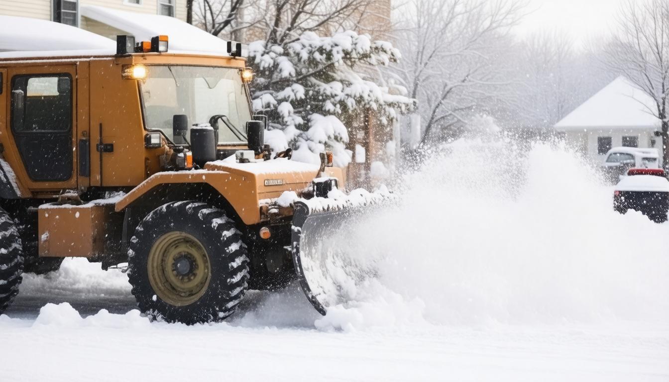 A snow plow clears a snow-covered road, ensuring safe passage for vehicles during winter weather conditions.