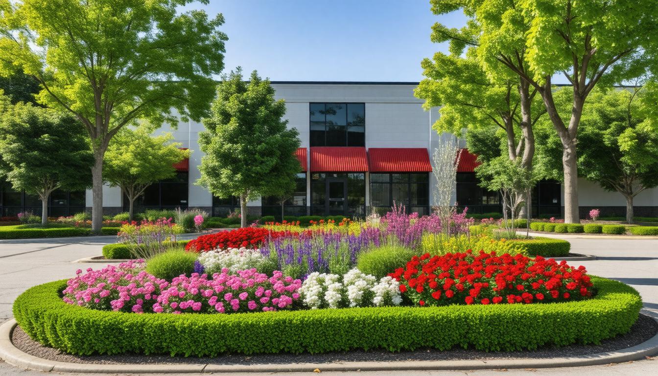 A vibrant flower garden blooming in front of a modern building, showcasing a variety of colorful flowers and greenery.