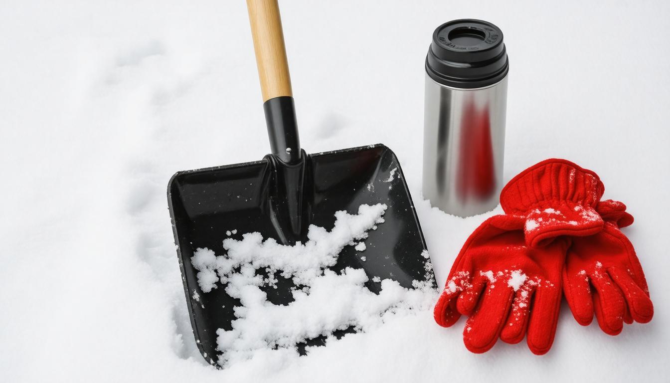 A shovel, a pair of gloves, and a steaming cup of coffee arranged on a wooden surface, suggesting a gardening scene.