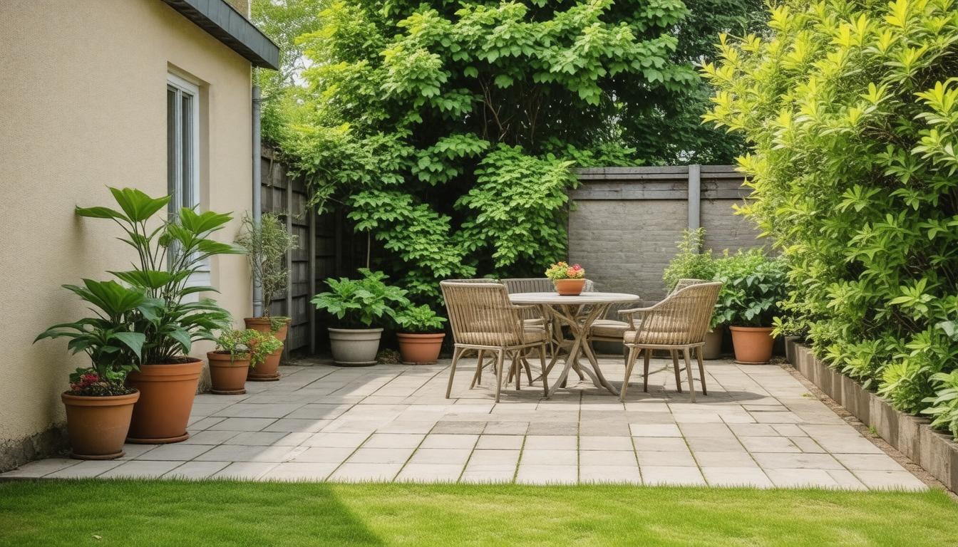 A backyard patio featuring a table surrounded by chairs, creating a cozy outdoor dining space.