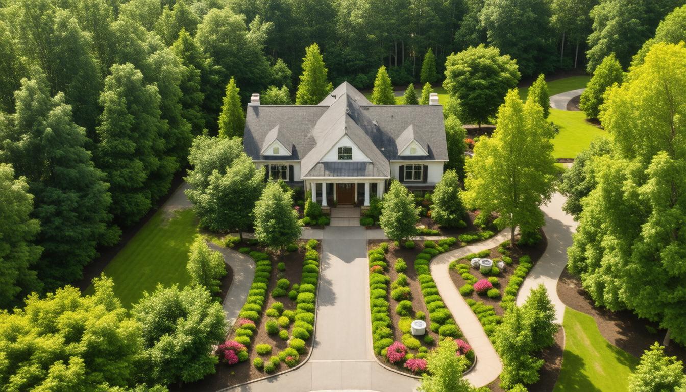 Aerial view of a large home nestled among lush green trees, showcasing the surrounding natural landscape.