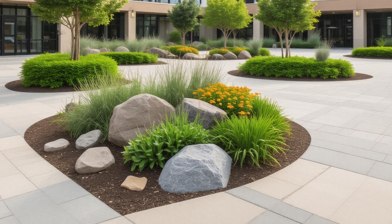 A serene courtyard featuring a central arrangement of rocks surrounded by various plants.