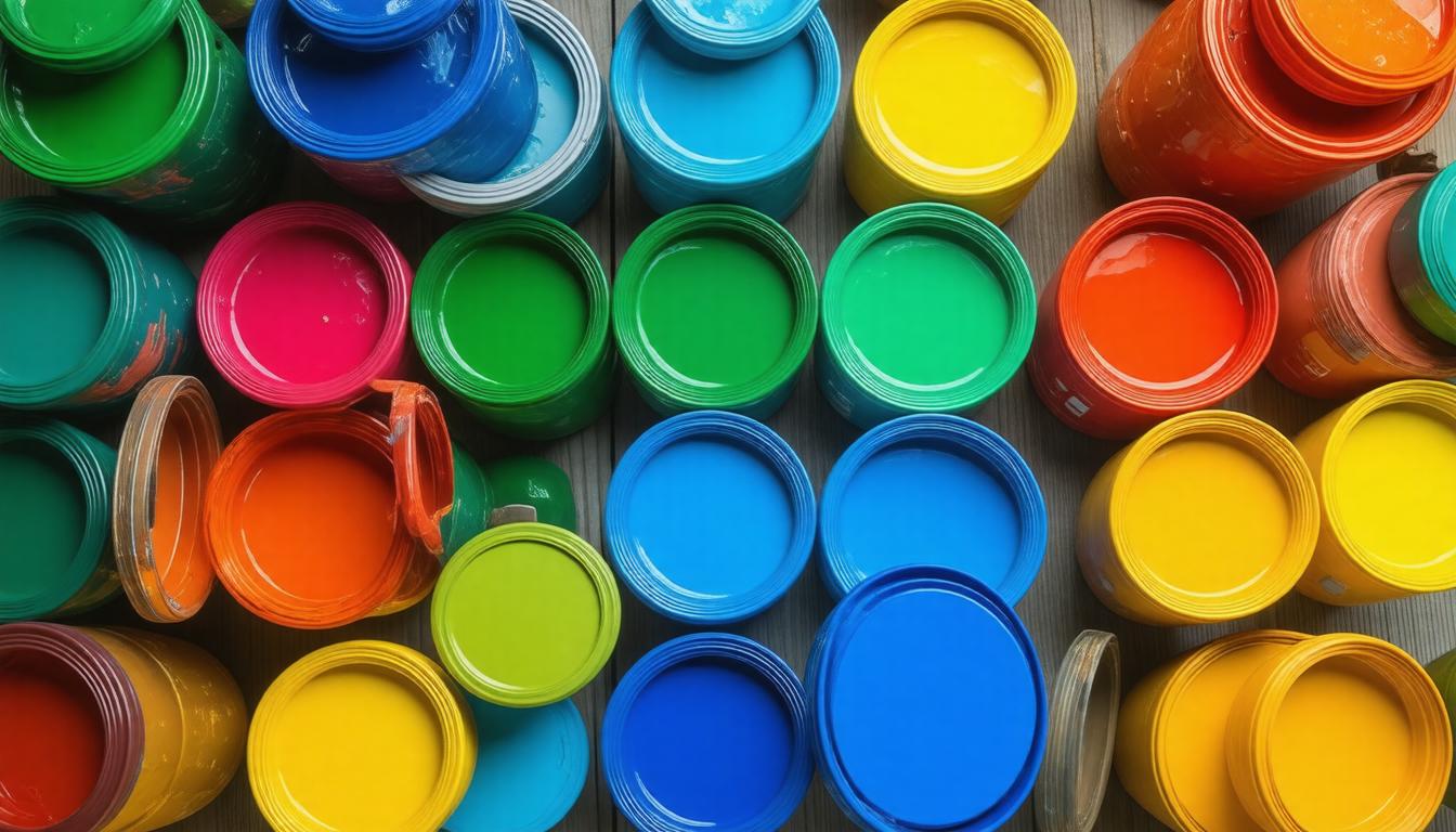 A collection of paint cans in various colors, neatly arranged together, showcasing a vibrant spectrum of hues.