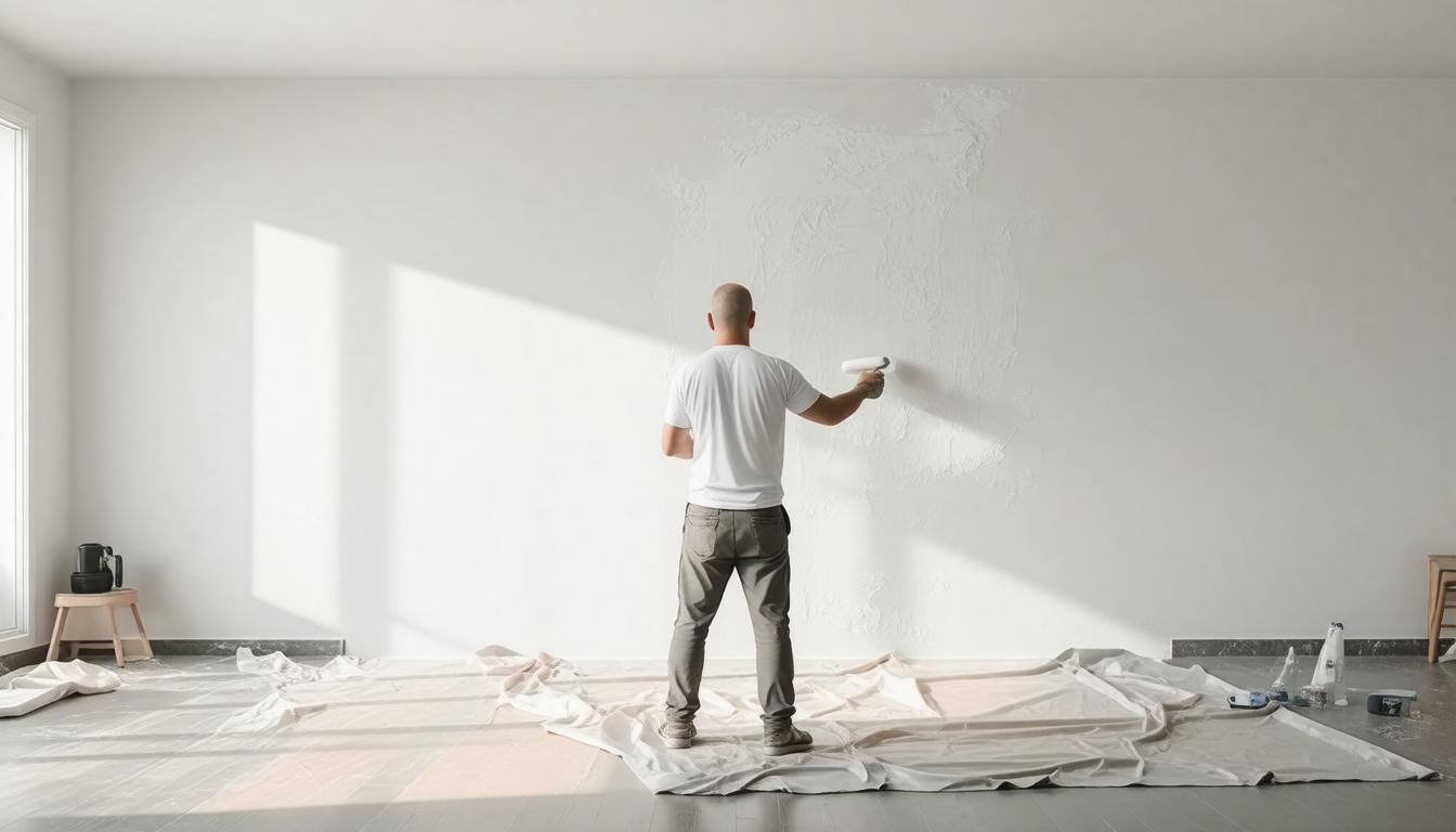 A man painting the walls of an empty room, focused on his task with paintbrush and paint can in hand.