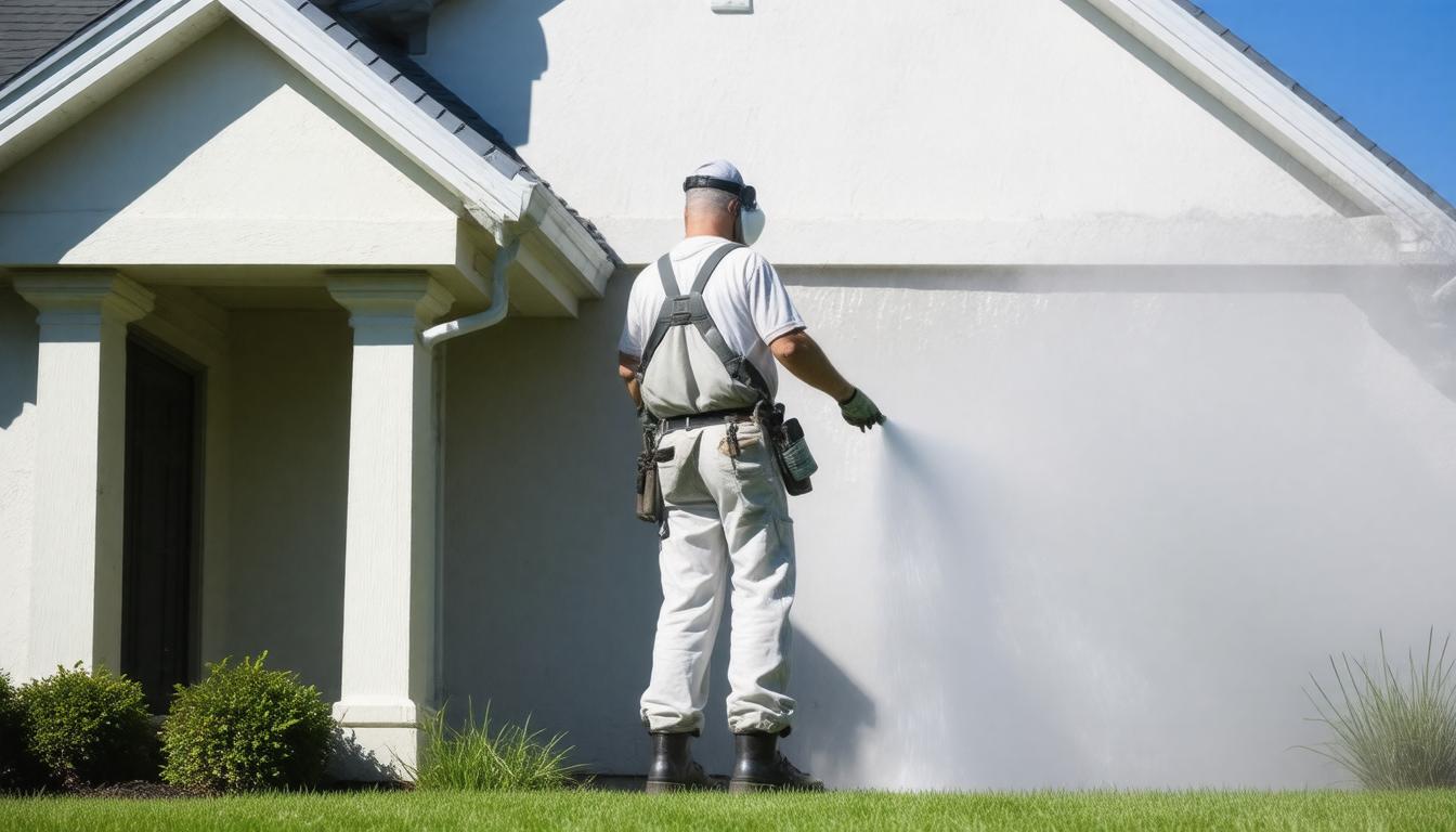 A man using a hose to spray water on the exterior of a house.