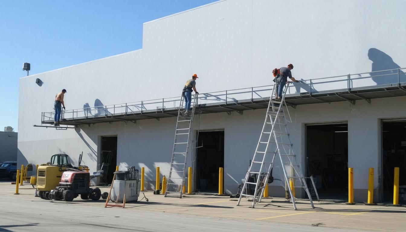 Workers on ladders applying white paint to a large building, showcasing teamwork and construction activity.