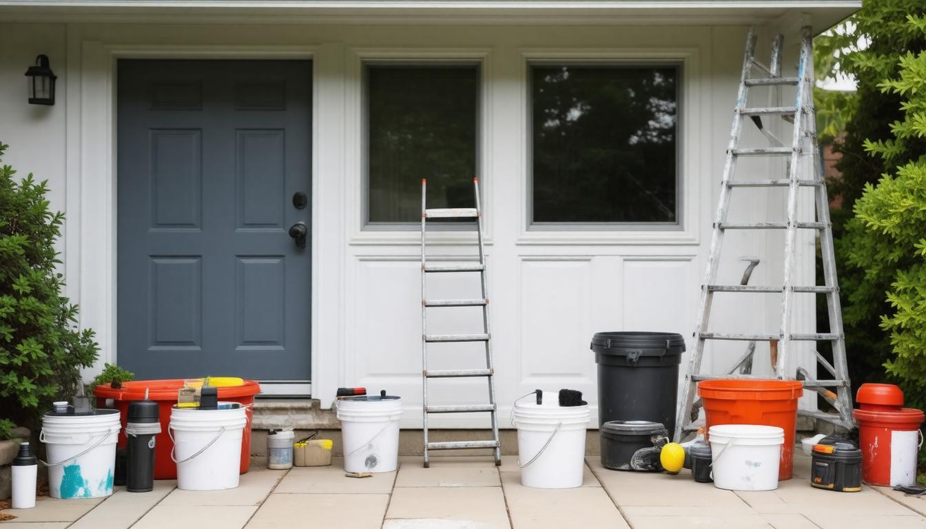 Various buckets and ladders are arranged outside a house, indicating preparation for maintenance or renovation work.