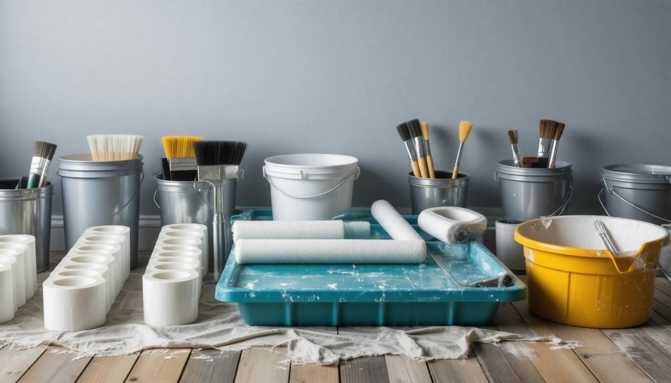 A collection of paint brushes and paint cans arranged on a wooden floor, showcasing vibrant colors and artistic tools.