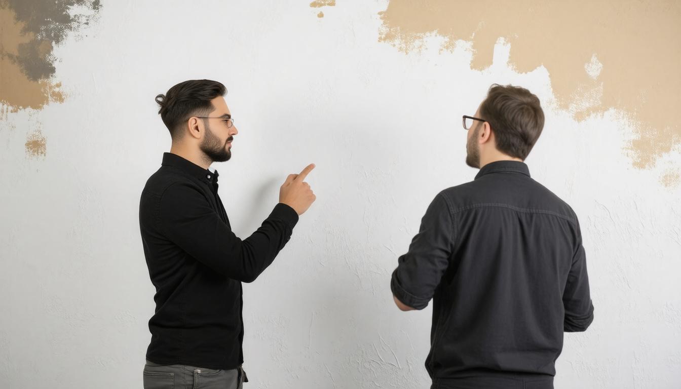 Two men standing side by side in front of a colorful painted wall, both smiling and dressed casually.