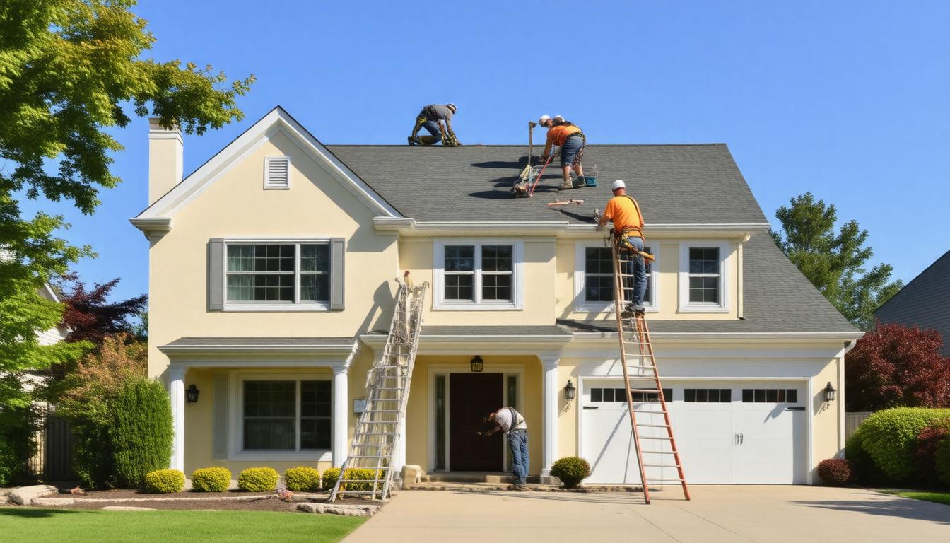 Three men wearing safety gear are installing shingles on the roof of a house under a clear blue sky.