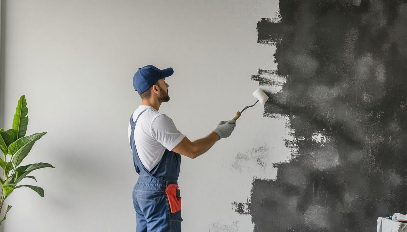 A man painting a wall with black paint, focused on his task, wearing a paint-splattered shirt and using a roller.