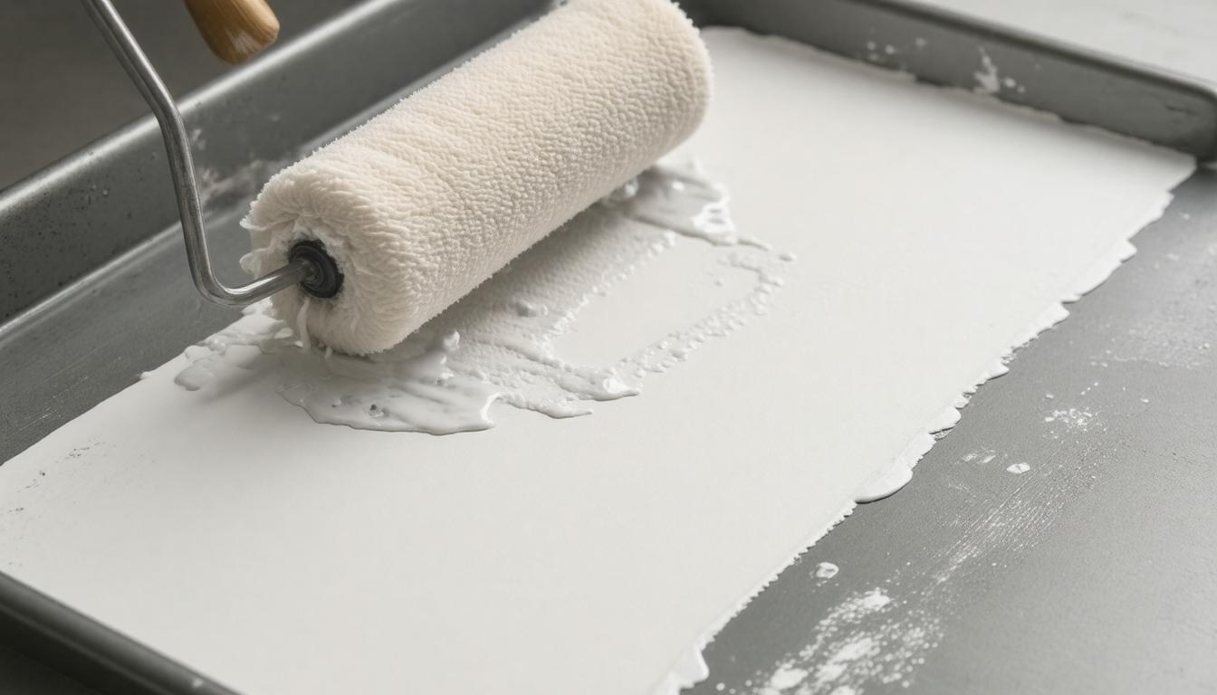 A person using a paint roller to apply white paint on a smooth surface.