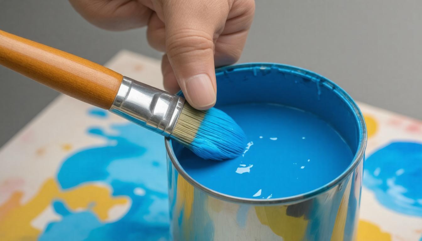 A person painting with a brush, applying blue paint to a canvas.