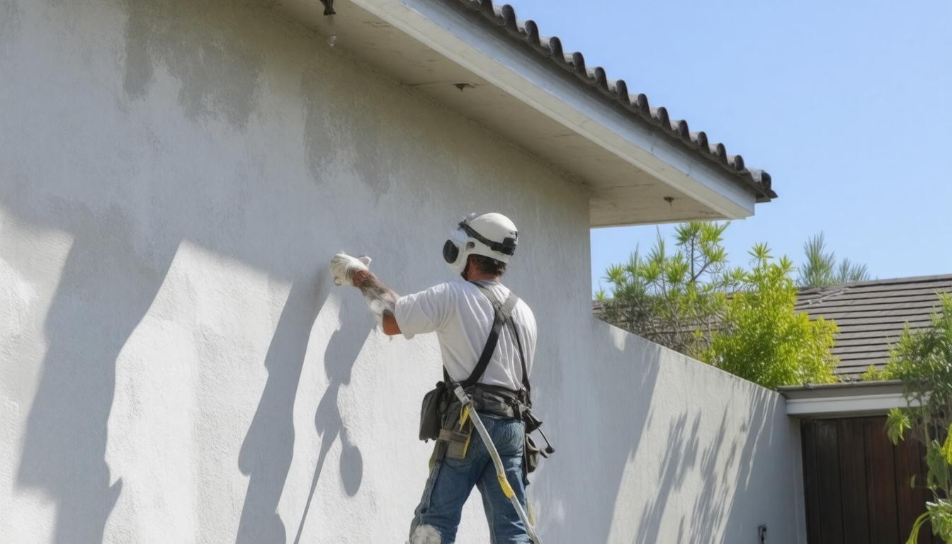 A man using a paint sprayer to paint the exterior of a house.