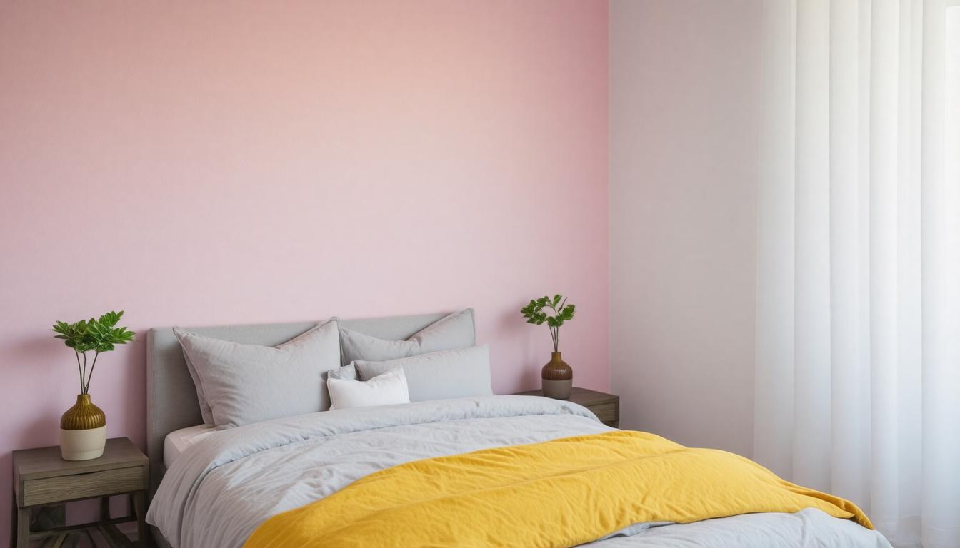 A cozy bedroom featuring a pink wall and a bright yellow bed, creating a cheerful and inviting atmosphere.