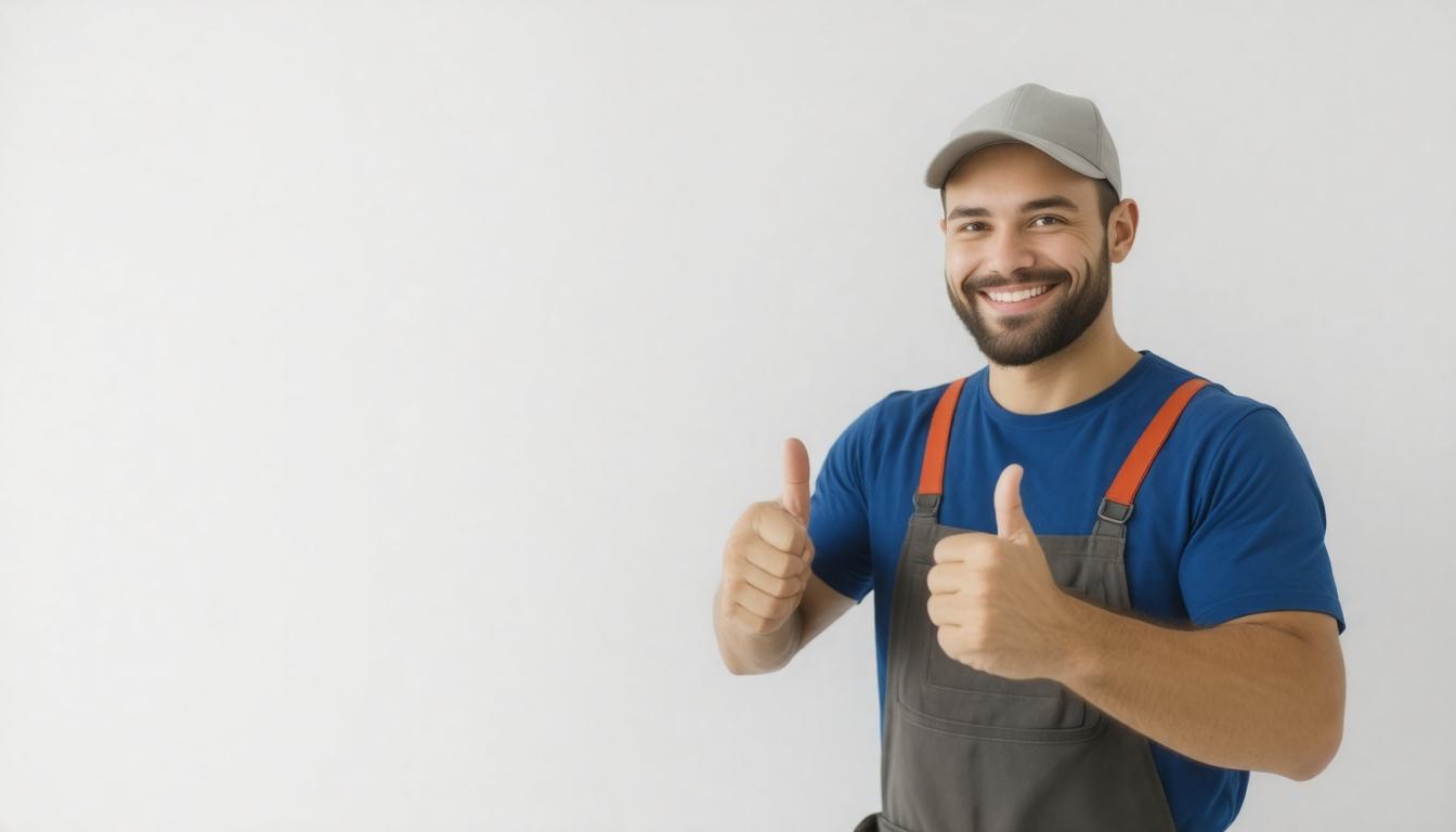 A smiling man in blue overalls gives a thumbs up, conveying a positive and cheerful attitude.