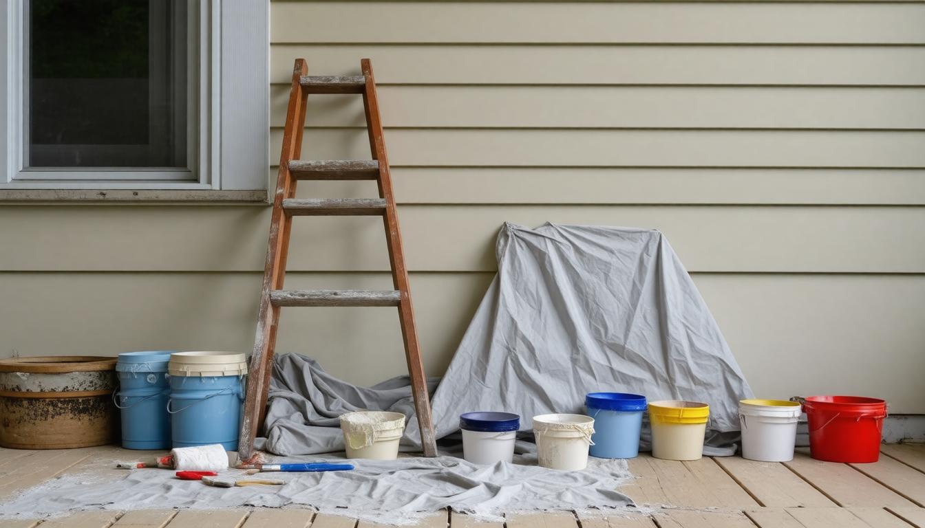Paint buckets and a ladder are positioned on a porch, indicating preparation for a painting project.