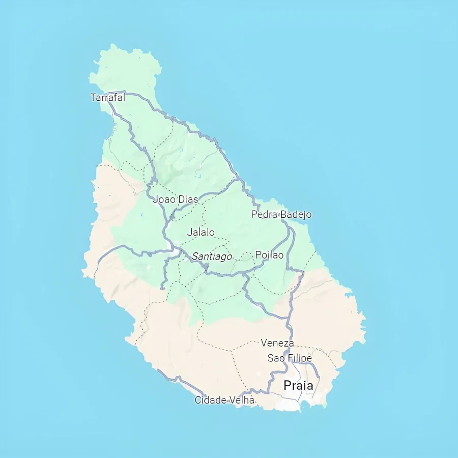 Map of Santiago Island Cape Verde - best surf spots to surf in Cabo Verde on Holiday - Image Google Maps | Cape Verde African Caribbean