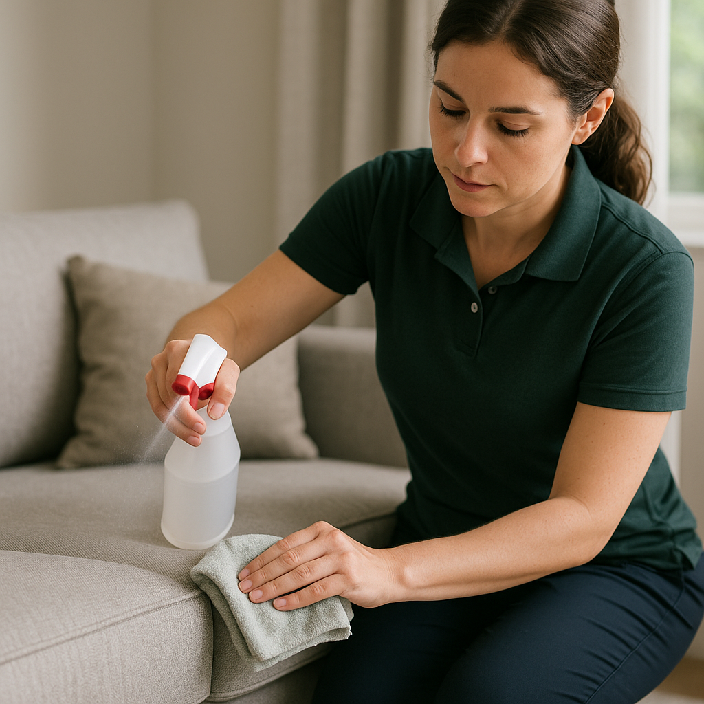 A woman using a spray bottle to clean a couch, focused on maintaining its cleanliness and appearance.