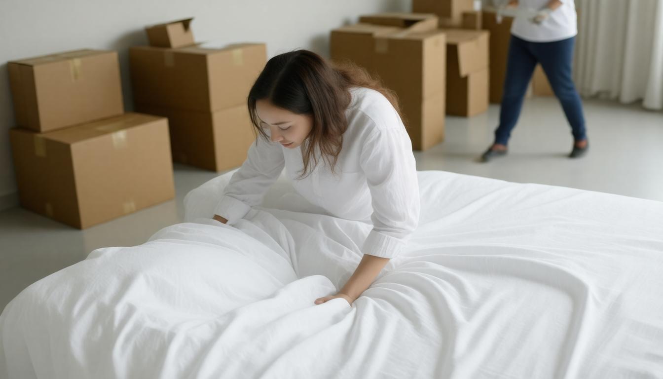 A woman is moving a bed in a cluttered room filled with boxes, preparing for a change or relocation.